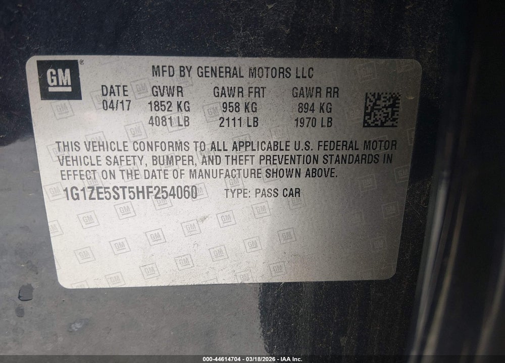 2017 CHEVROLET MALIBU 1LT VIN: 1G1ZE5ST5HF254060
