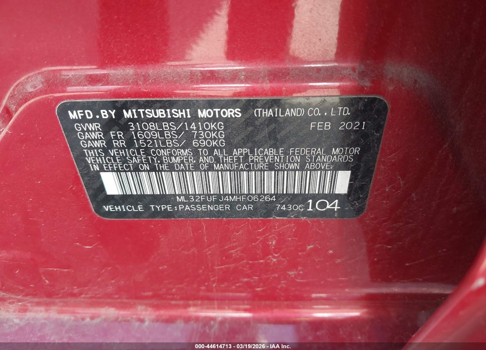 2021 MITSUBISHI MIRAGE G4 CARBONITE EDITION/ES/LE VIN: ML32FUFJ4MHF06264