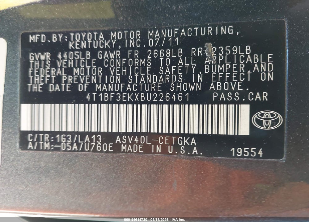 2011 TOYOTA CAMRY XLE VIN: 4T1BF3EKXBU226461