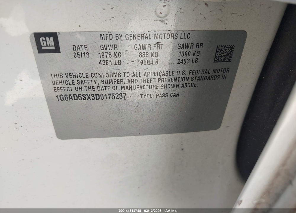 2013 CADILLAC ATS PERFORMANCE VIN: 1G6AD5SX3D0175237