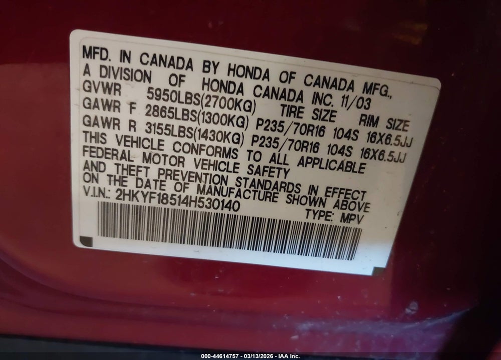 2004 HONDA PILOT EX-L VIN: 2HKYF18514H530140
