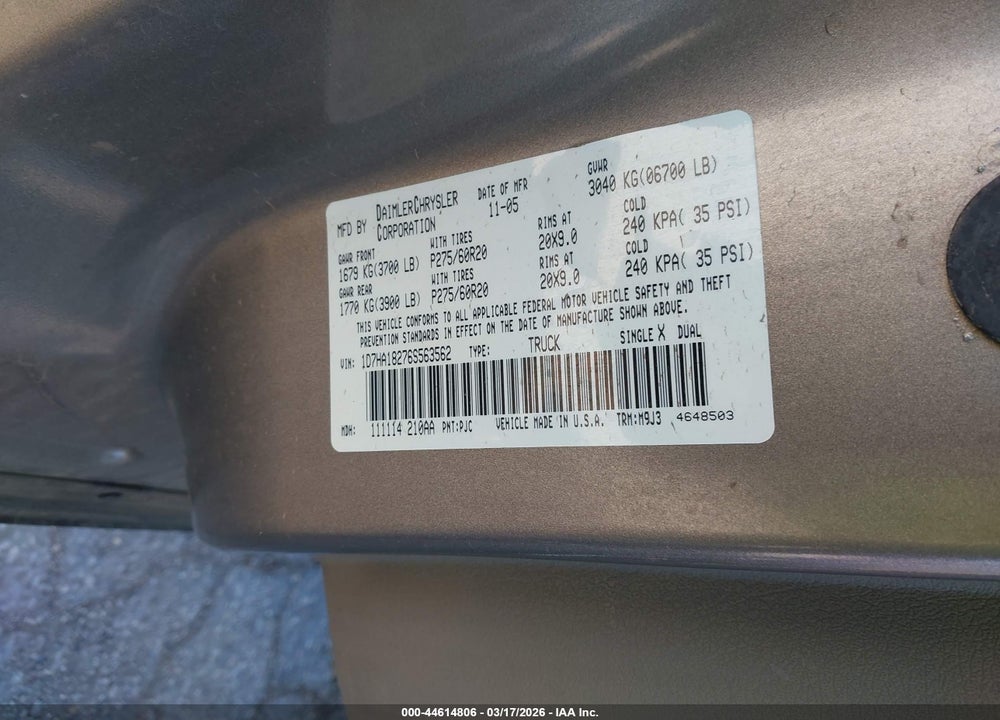 2006 DODGE RAM 1500 SLT VIN: 1D7HA18276S563562