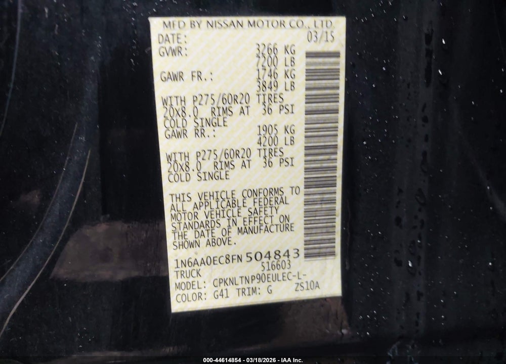 2015 NISSAN TITAN SV VIN: 1N6AA0EC8FN504843