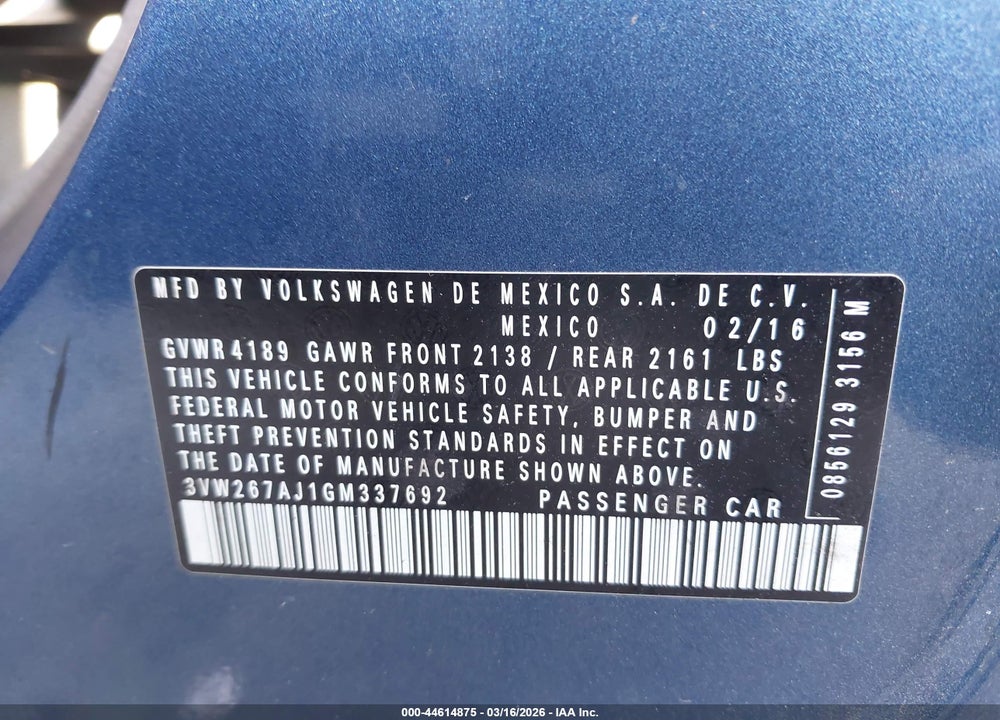 2016 VOLKSWAGEN JETTA 1.4T S VIN: 3VW267AJ1GM337692