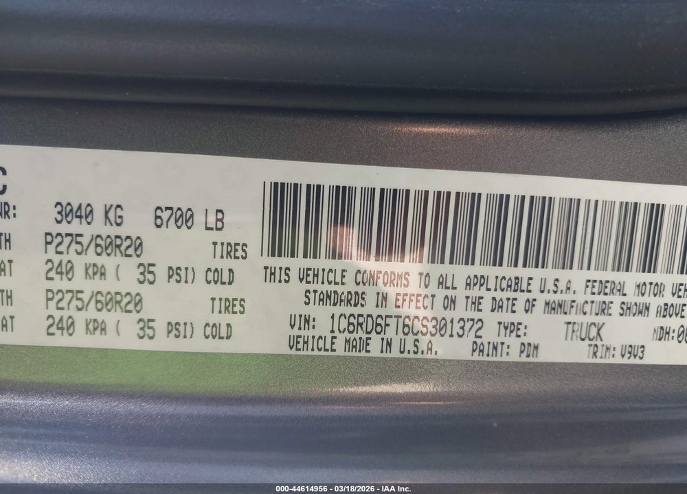 2012 RAM 1500 ST VIN: 1C6RD6FT6CS301372