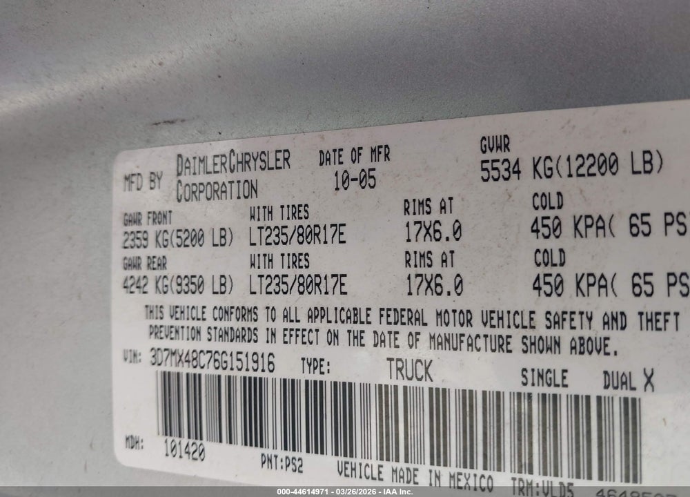 2006 DODGE RAM 3500 LARAMIE VIN: 3D7MX48C76G151916