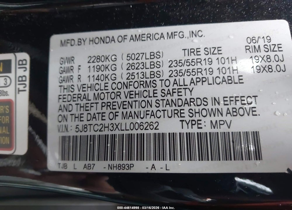 2020 ACURA RDX STANDARD VIN: 5J8TC2H3XLL006262