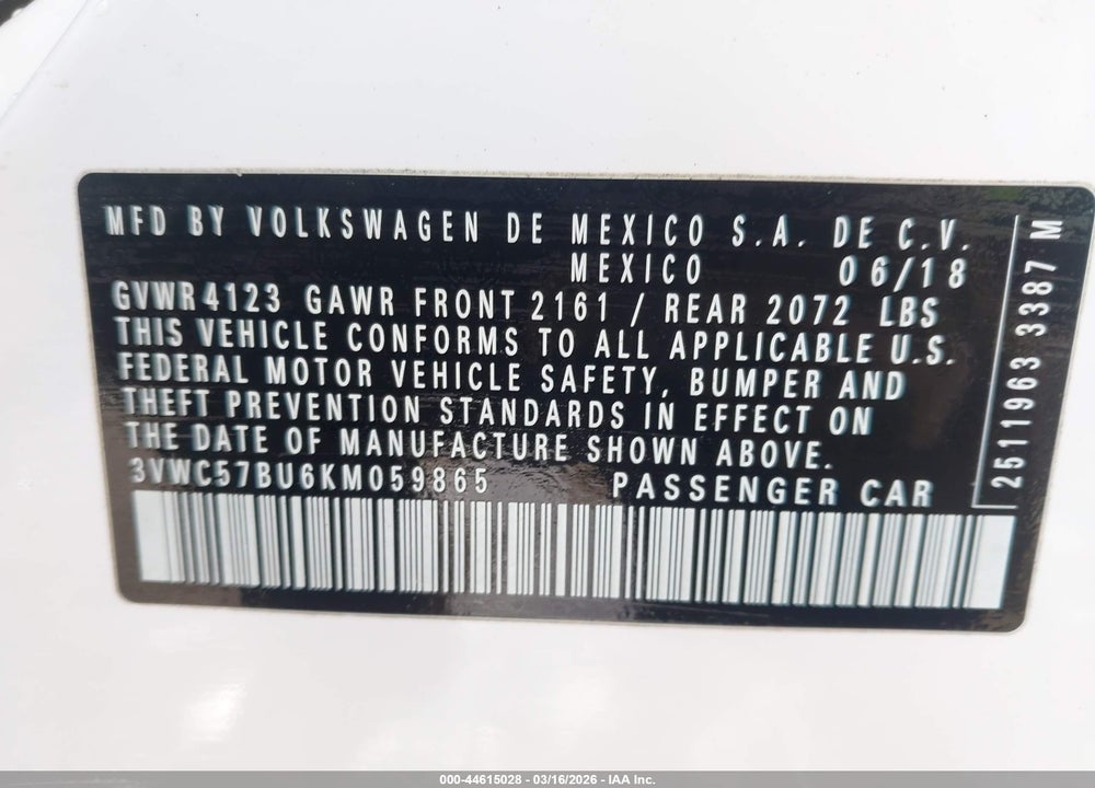 2019 VOLKSWAGEN JETTA 1.4T R-LINE/1.4T S/1.4T SE VIN: 3VWC57BU6KM059865