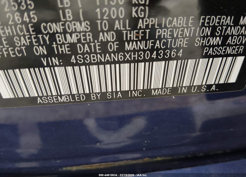 2017 SUBARU LEGACY 2.5I LIMITED VIN: 4S3BNAN6XH3043364