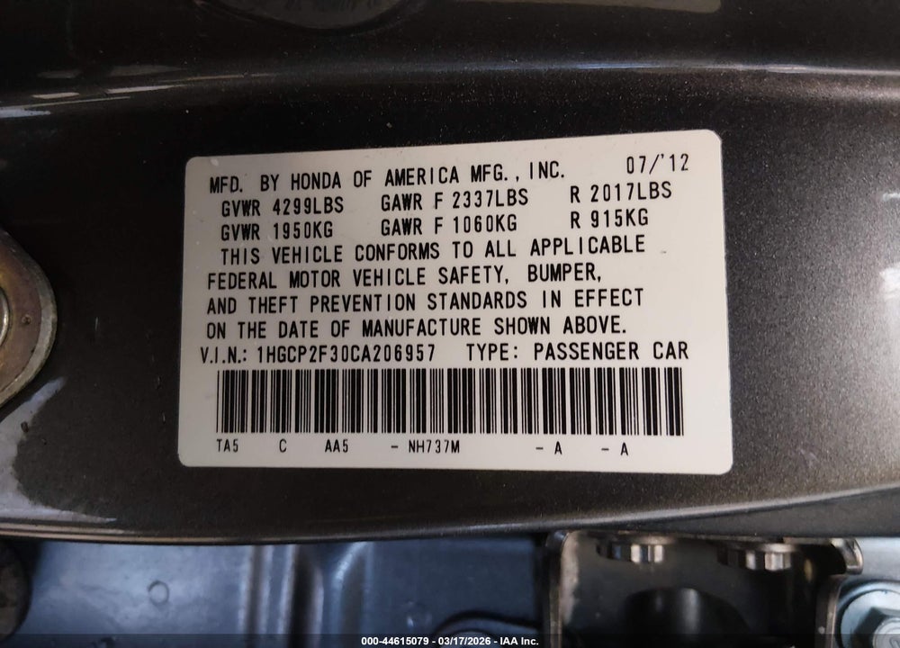 2012 HONDA ACCORD 2.4 LX VIN: 1HGCP2F30CA206957