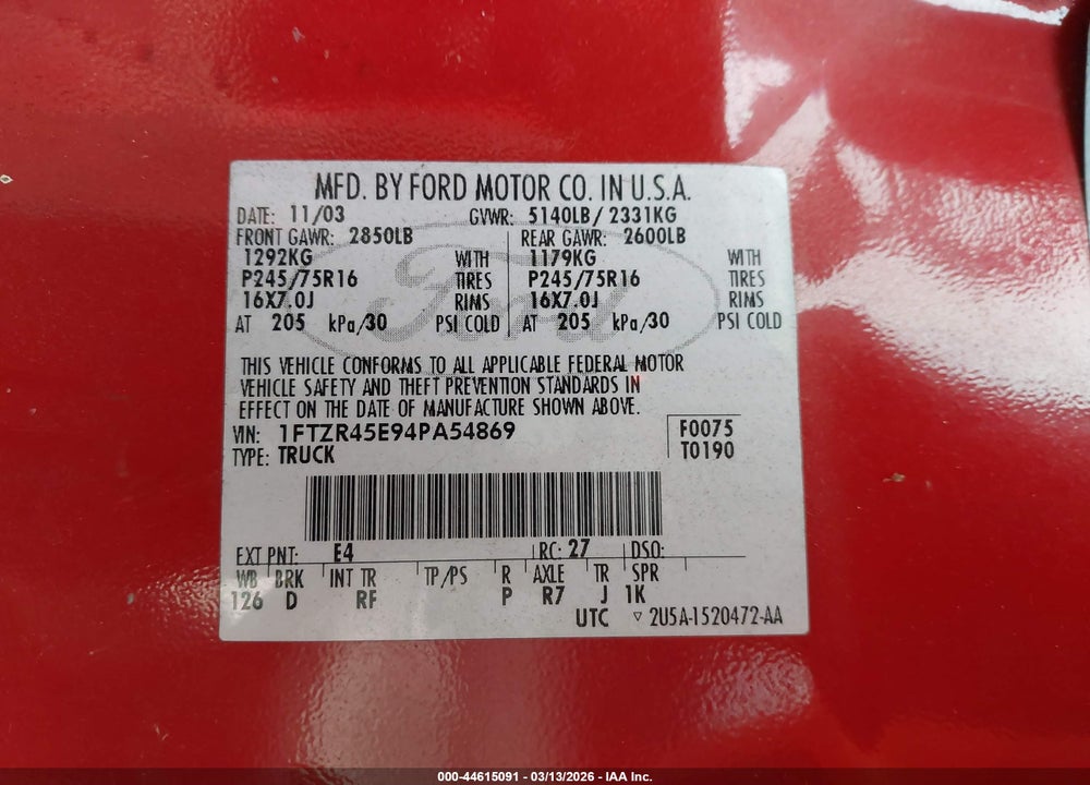 2004 FORD RANGER EDGE/TREMOR/XLT VIN: 1FTZR45E94PA54869