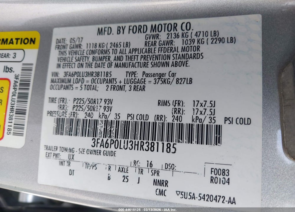 2017 FORD FUSION HYBRID SE VIN: 3FA6P0LU3HR381185