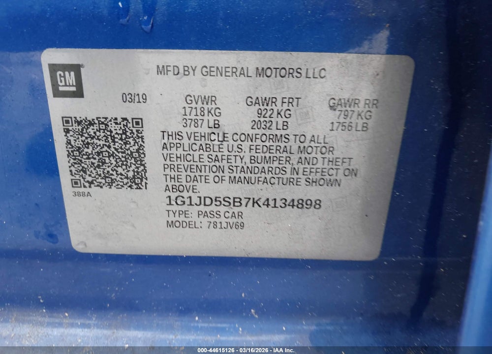 2019 CHEVROLET SONIC LT AUTO VIN: 1G1JD5SB7K4134898