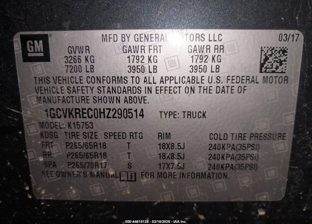 2017 CHEVROLET SILVERADO 1500 1LT VIN: 1GCVKREC0HZ290514