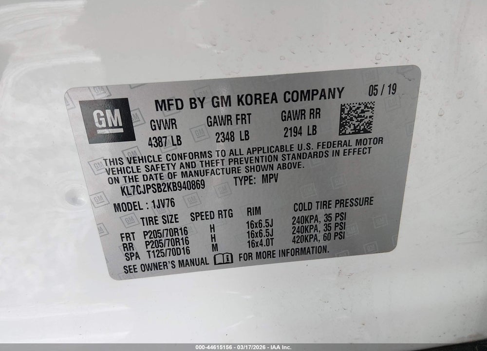 2019 CHEVROLET TRAX LT VIN: KL7CJPSB2KB940869