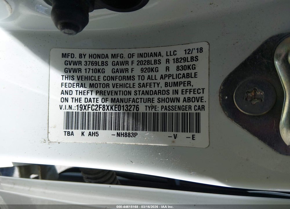 2019 HONDA CIVIC SPORT VIN: 19XFC2F8XKE013276