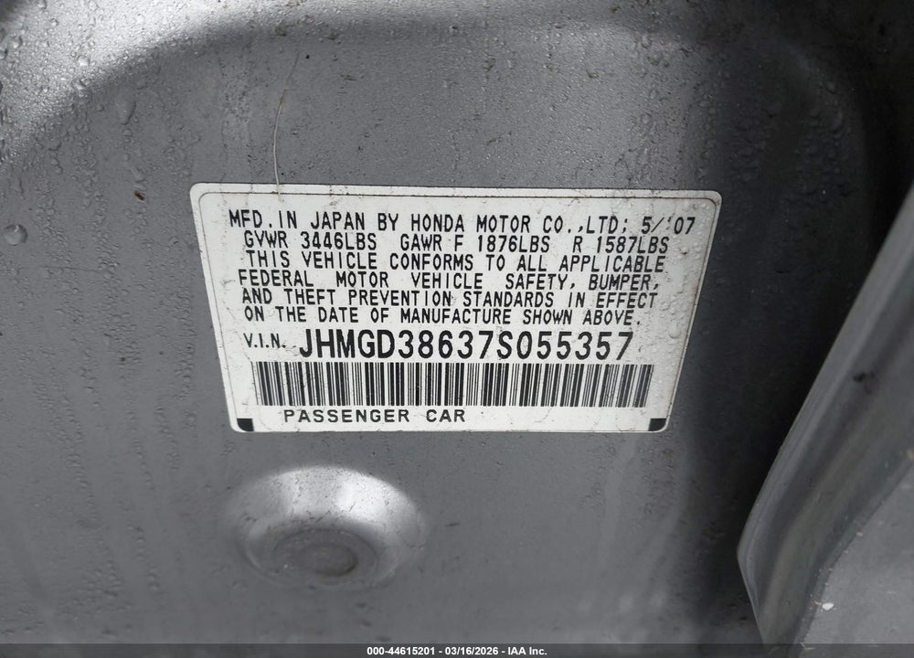 2007 HONDA FIT SPORT VIN: JHMGD38637S055357