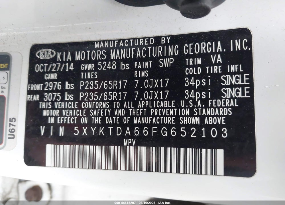 2015 KIA SORENTO LX VIN: 5XYKTDA66FG652103