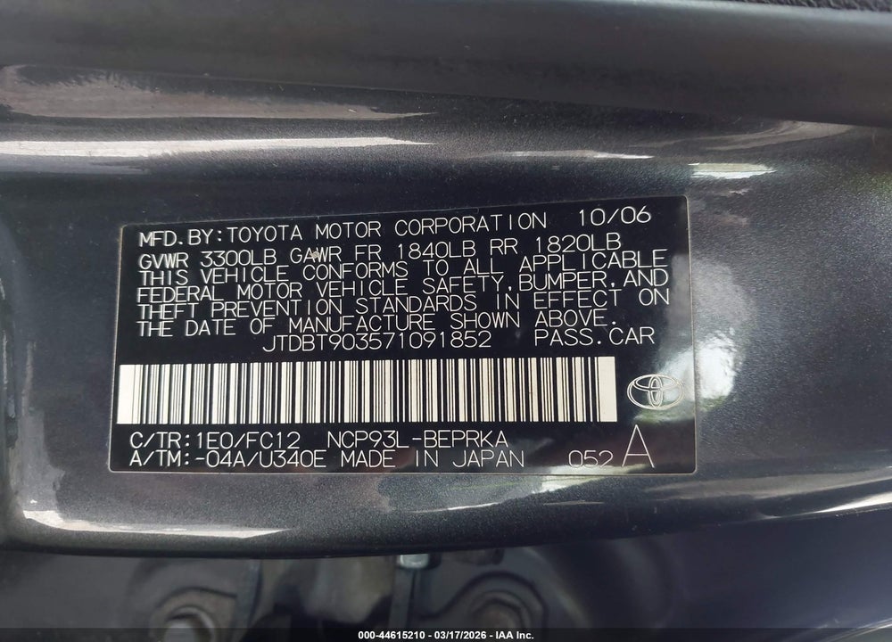 2007 TOYOTA YARIS VIN: JTDBT903571091852