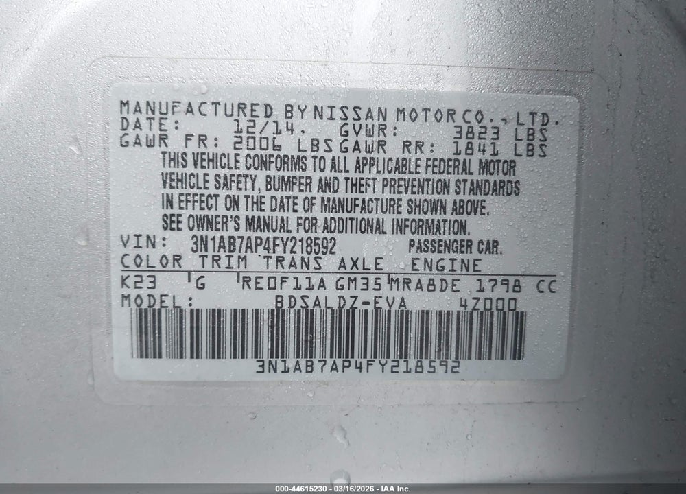 2015 NISSAN SENTRA SV VIN: 3N1AB7AP4FY218592