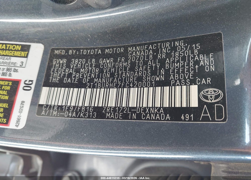 2015 TOYOTA COROLLA LE VIN: 2T1BURHE7FC420001