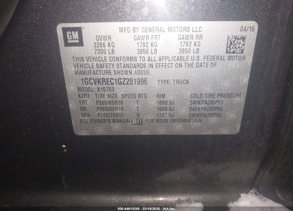 2016 CHEVROLET SILVERADO 1500 2LT VIN: 1GCVKREC1GZ281996
