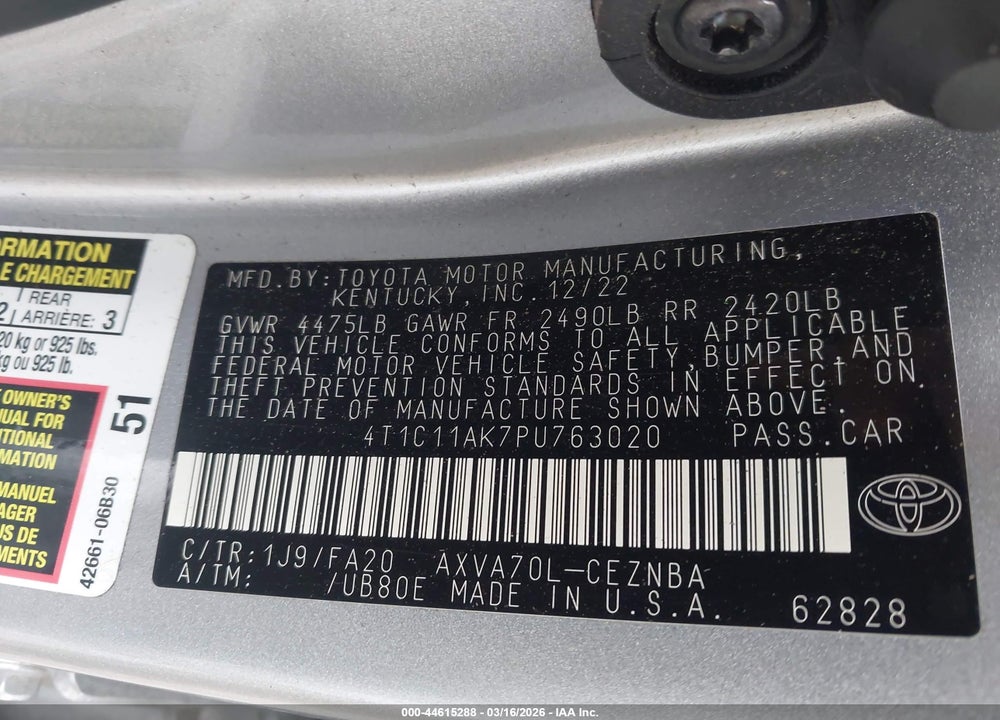 2023 TOYOTA CAMRY LE VIN: 4T1C11AK7PU763020