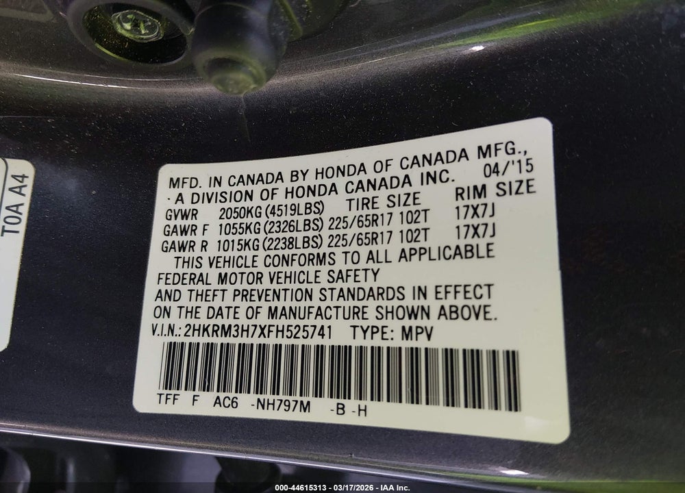 2015 HONDA CR-V EX-L VIN: 2HKRM3H7XFH525741