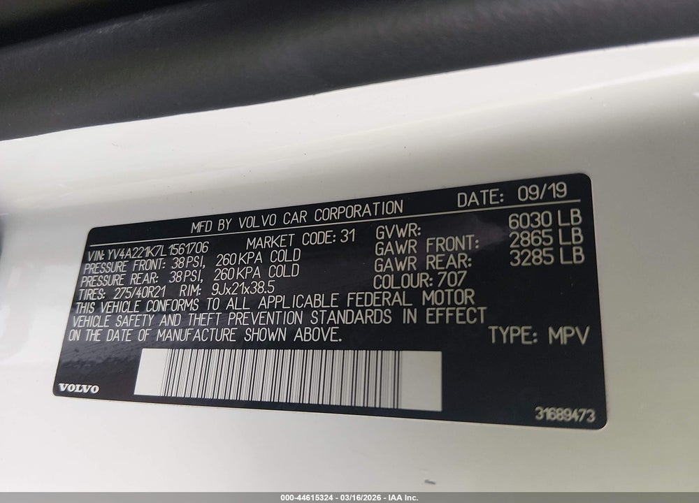 2020 VOLVO XC90 T6 MOMENTUM 6 PASSENGER VIN: YV4A221K7L1561706
