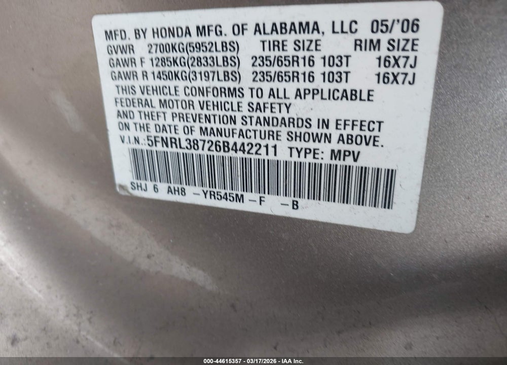 2006 HONDA ODYSSEY EX-L VIN: 5FNRL38726B442211