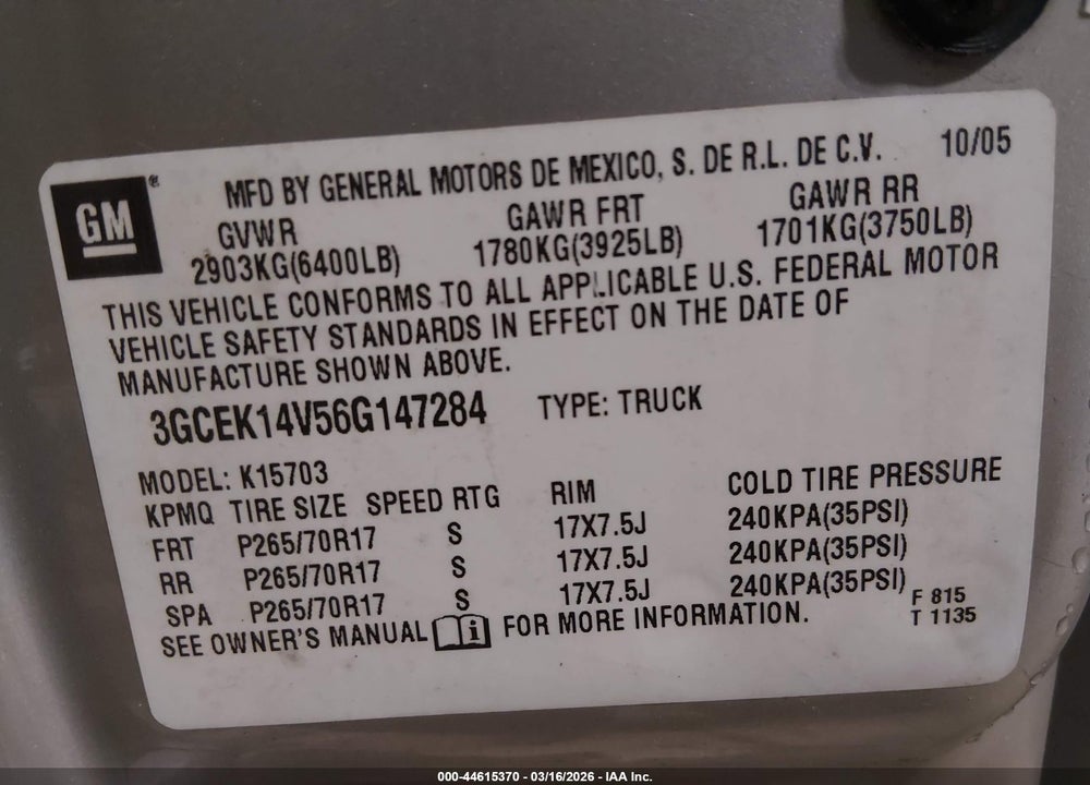 2006 CHEVROLET SILVERADO 1500 LS VIN: 3GCEK14V56G147284