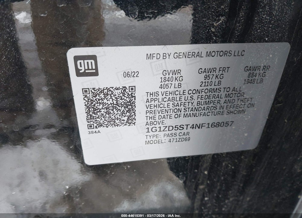 2022 CHEVROLET MALIBU FWD LT VIN: 1G1ZD5ST4NF168057