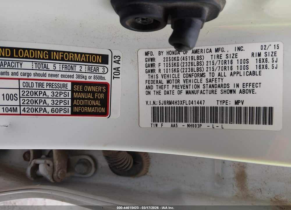 2015 HONDA CR-V LX VIN: 5J6RM4H3XFL041447