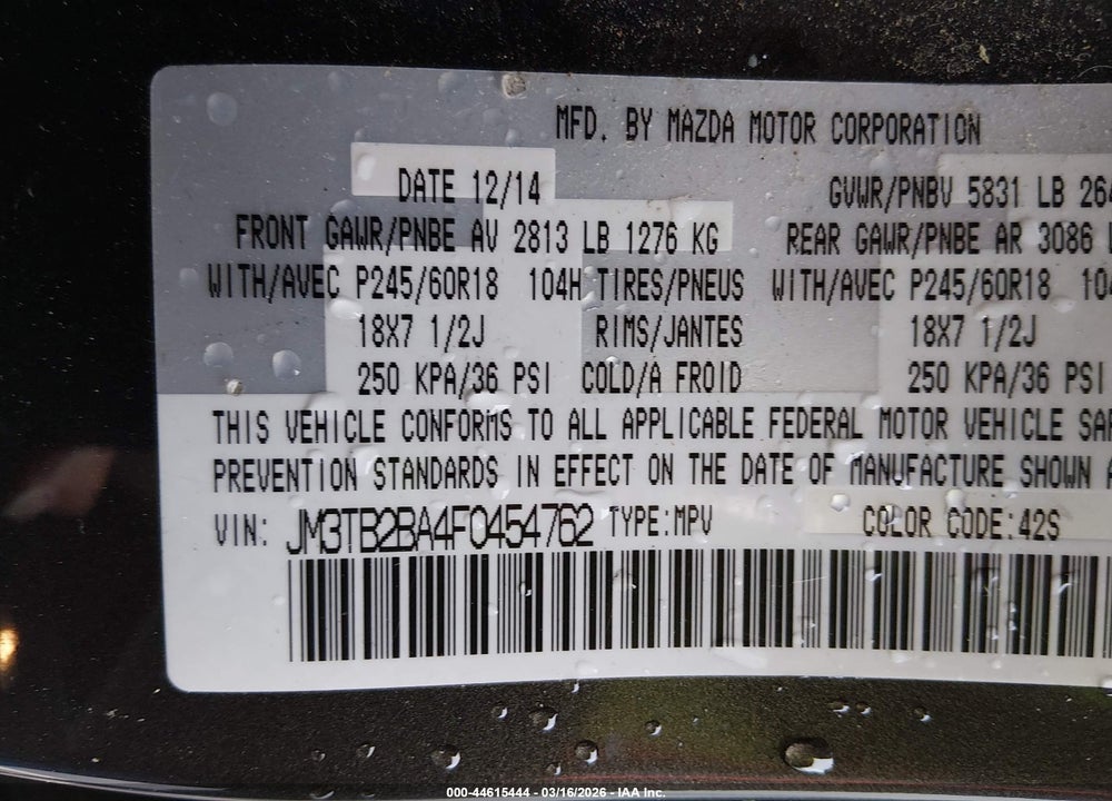 2015 MAZDA CX-9 SPORT VIN: JM3TB2BA4F0454762
