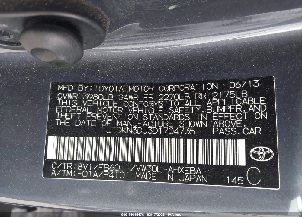 2013 TOYOTA PRIUS TWO VIN: JTDKN3DU3D1704735
