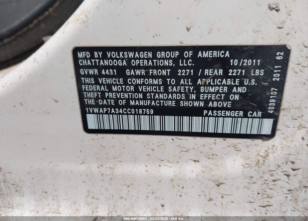 2012 VOLKSWAGEN PASSAT 2.5L S VIN: 1VWAP7A34CC018759