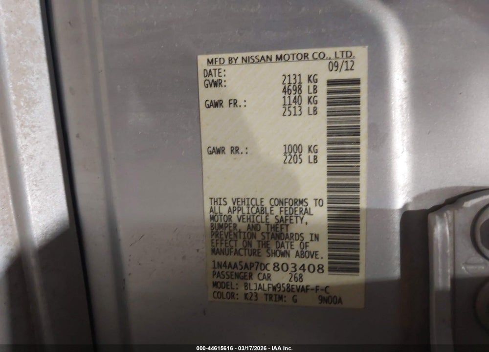 2013 NISSAN MAXIMA 3.5 SV VIN: 1N4AA5AP7DC803408