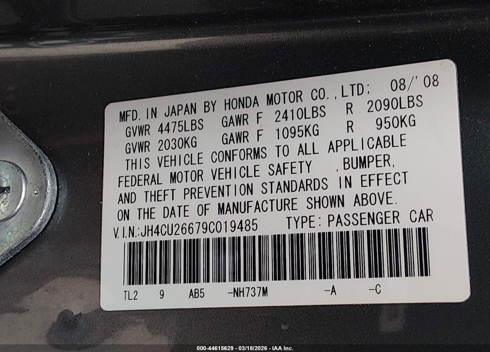 2009 ACURA TSX VIN: JH4CU26679C019485