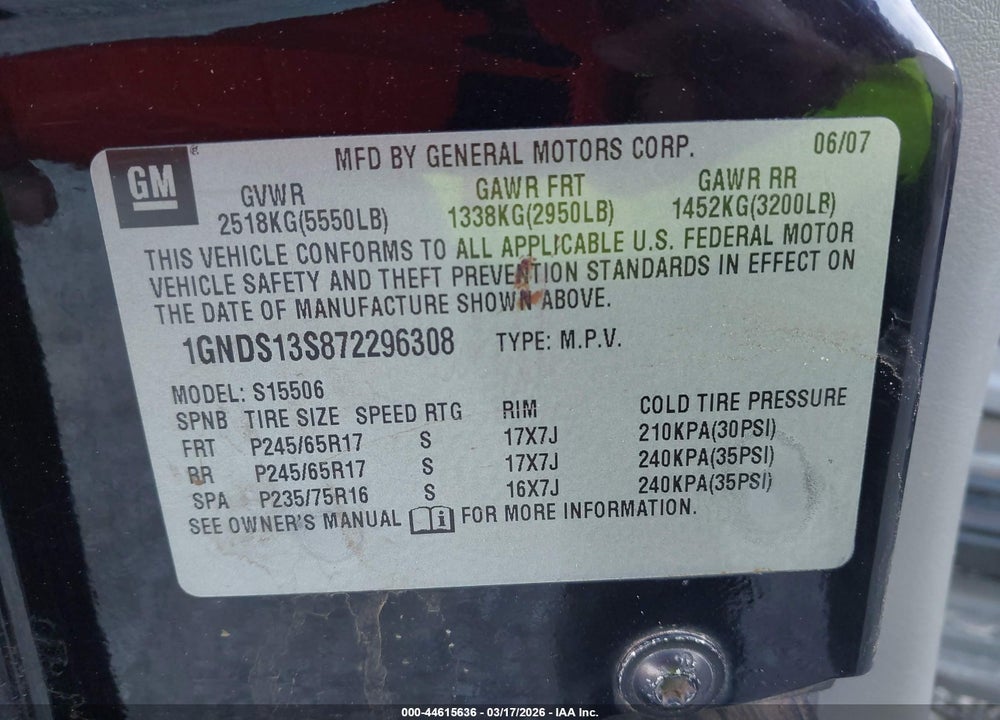 2007 CHEVROLET TRAILBLAZER LS VIN: 1GNDS13S872296308