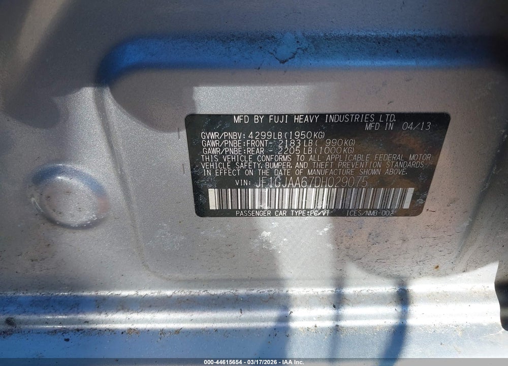2013 SUBARU IMPREZA 2.0I VIN: JF1GJAA67DH029075
