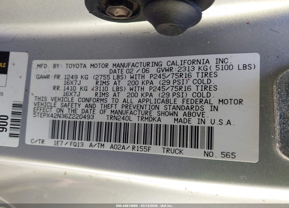 2006 TOYOTA TACOMA VIN: 5TEPX42N36Z220493