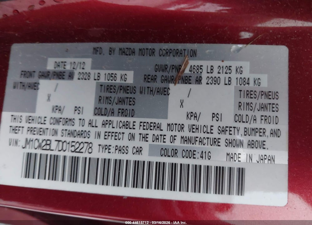 2013 MAZDA 5 SPORT VIN: JM1CW2BL7D0152278