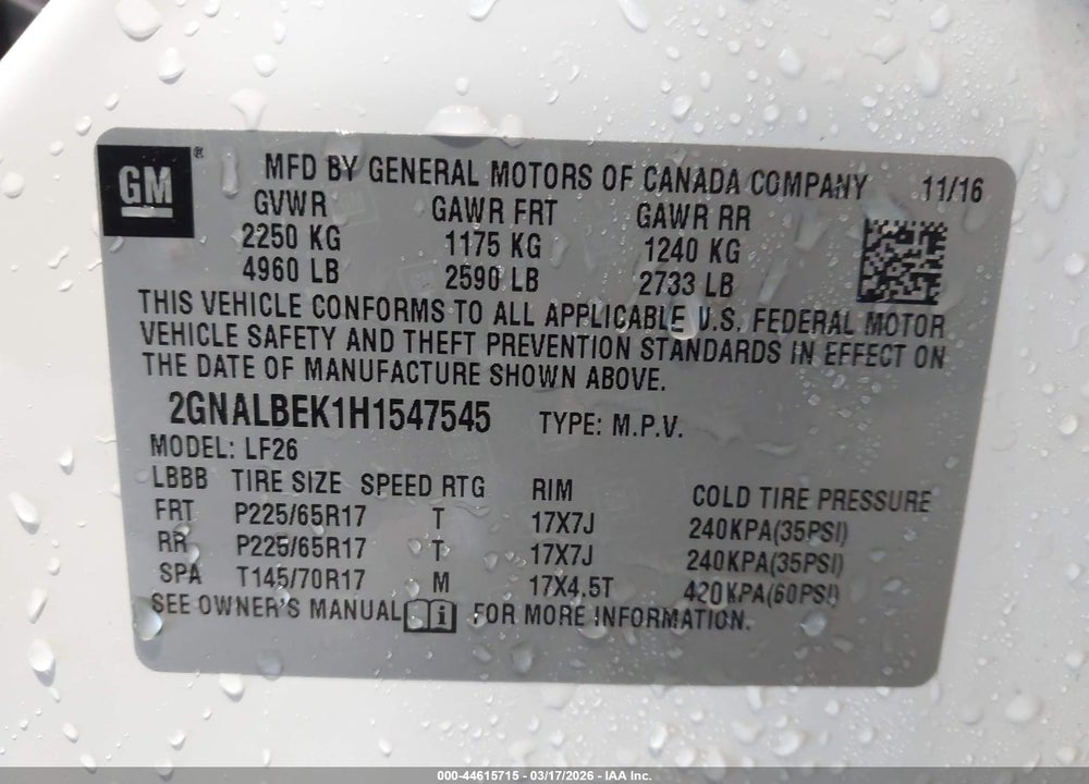 2017 CHEVROLET EQUINOX LS VIN: 2GNALBEK1H1547545
