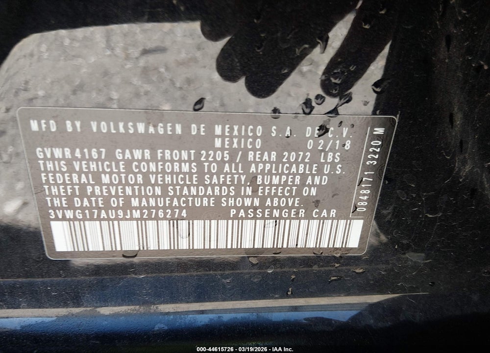 2018 VOLKSWAGEN GOLF TSI S/TSI SE VIN: 3VWG17AU9JM276274