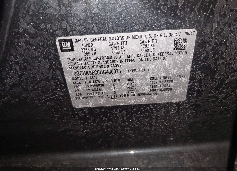 2017 CHEVROLET SILVERADO 1500 1LZ VIN: 3GCUKSEC6HG490073
