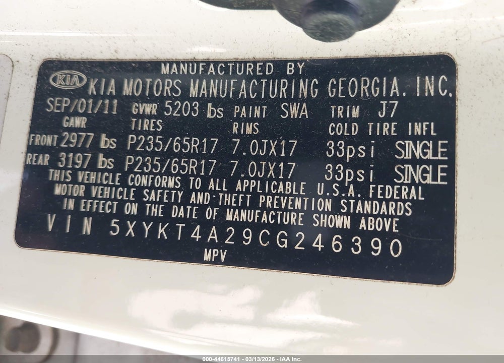 2012 KIA SORENTO LX V6 VIN: 5XYKT4A29CG246390