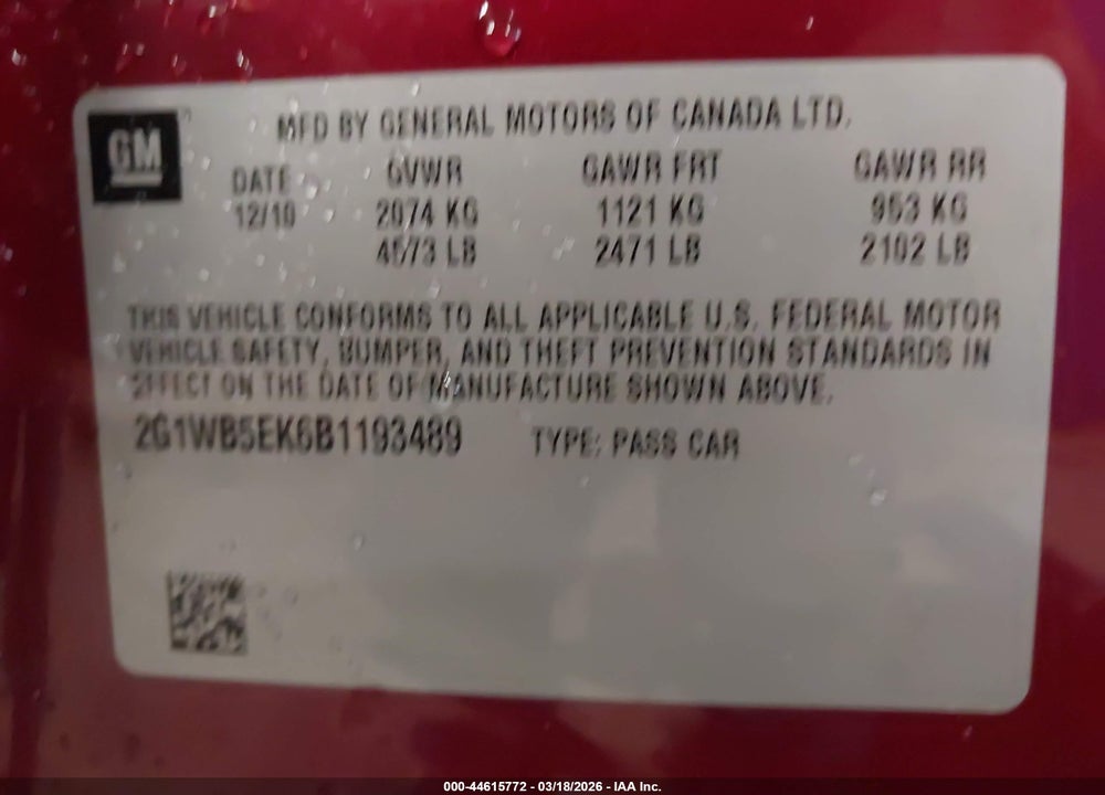2011 CHEVROLET IMPALA LT VIN: 2G1WB5EK6B1193489
