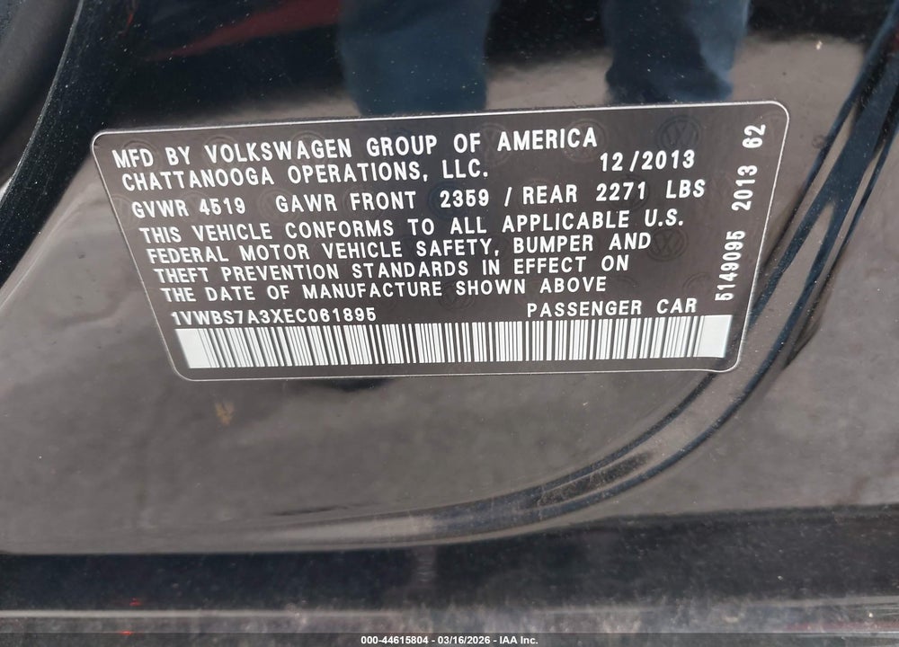 2014 VOLKSWAGEN PASSAT 1.8T SE VIN: 1VWBS7A3XEC061895