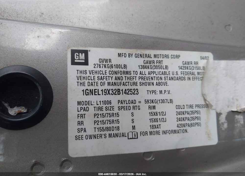 2002 CHEVROLET ASTRO LS VIN: 1GNEL19X32B142523