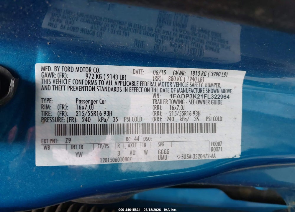 2015 FORD FOCUS SE VIN: 1FADP3K21FL322964